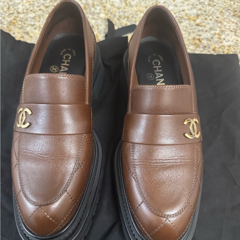 CHANEL Brown Leather Slip-On Loafers